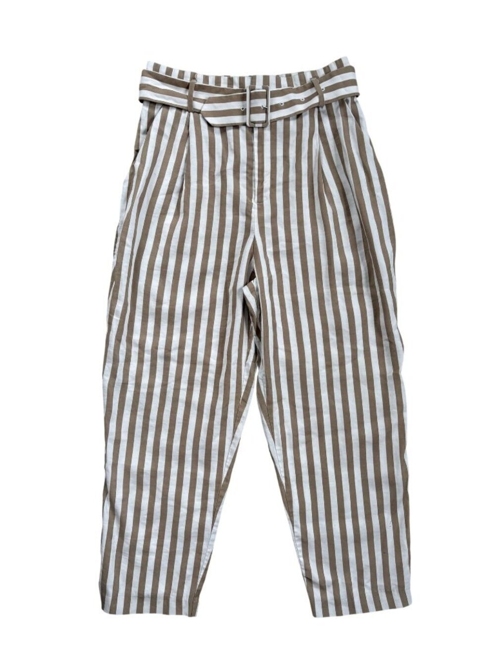 Striped High-Waisted Pants With Belt Beige & White Size US 8 H&M Viscose Blend